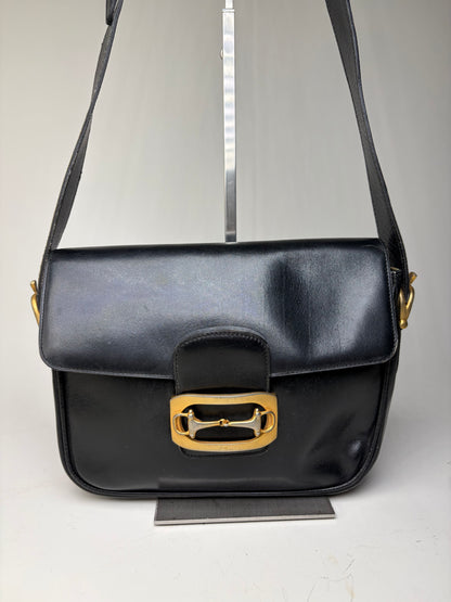 Vintage Celine Leather Shoulder Bag Black Gold-tone Clasp
