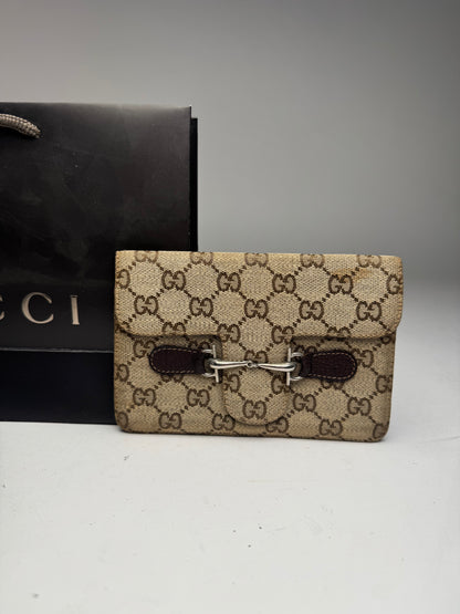 Vintage Gucci Monogram Leather Card Holder Horsebit Beige