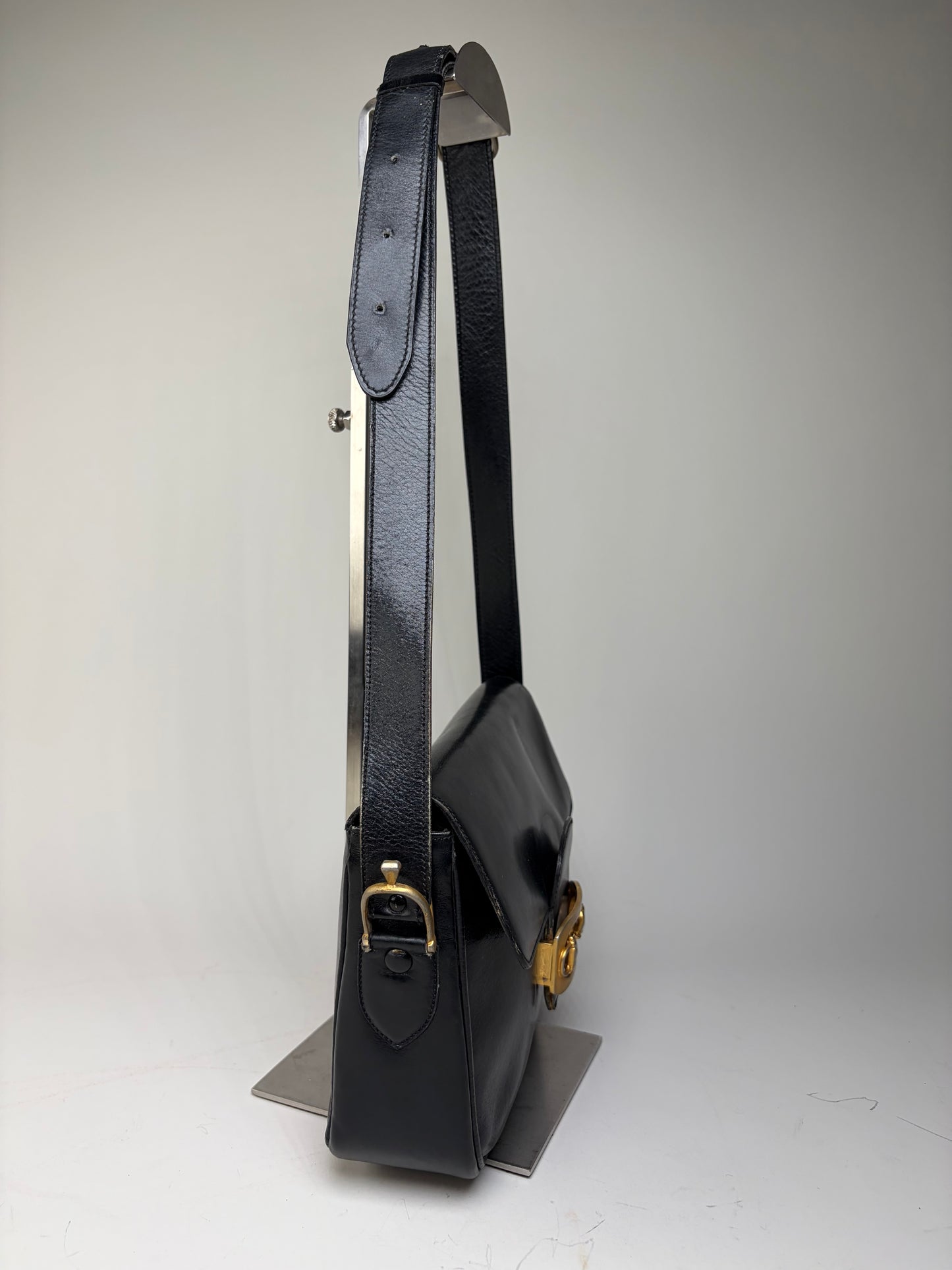 Vintage Celine Leather Shoulder Bag Black Gold-tone Clasp