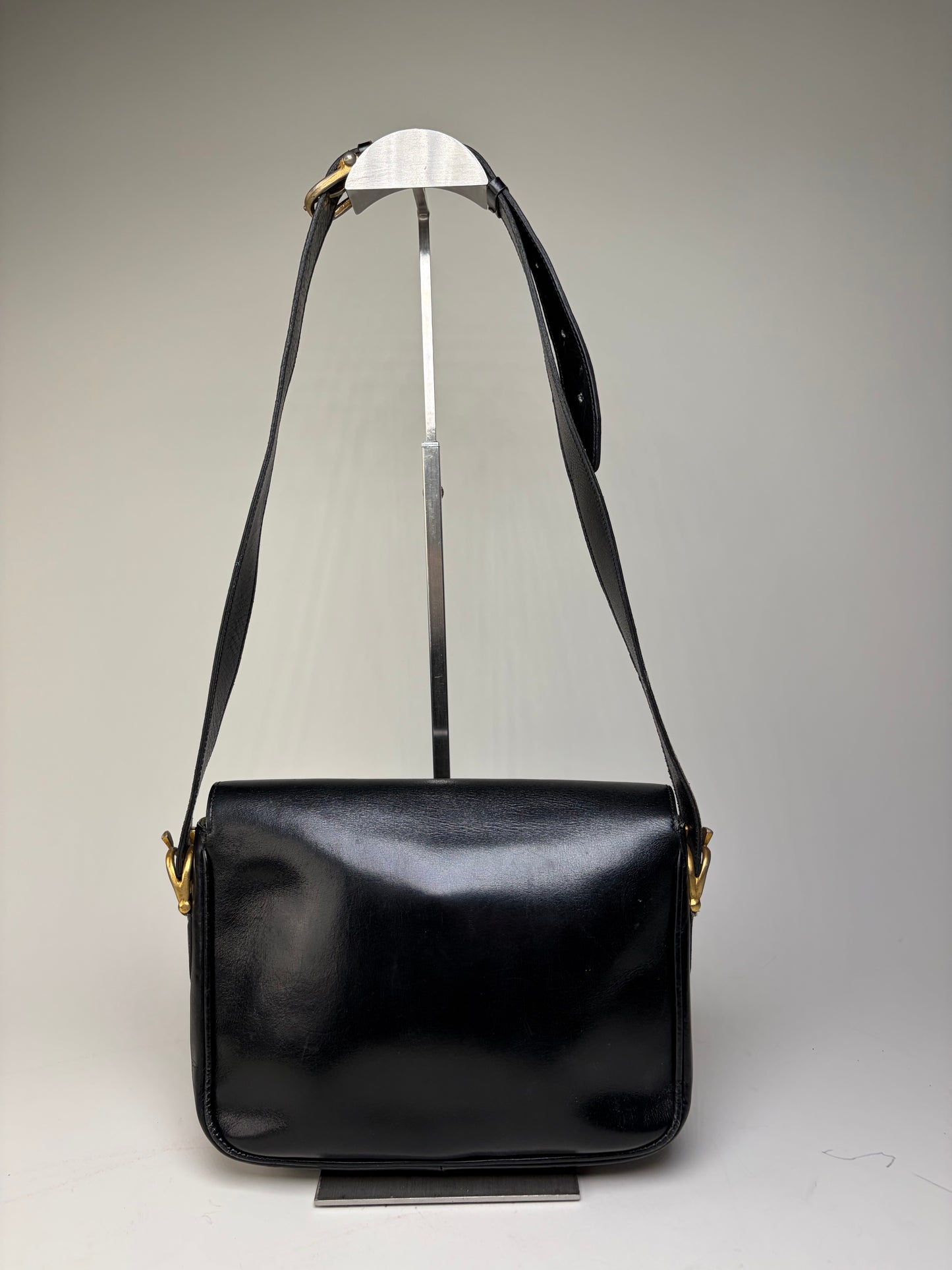 Vintage Celine Leather Shoulder Bag Black Gold-tone Clasp