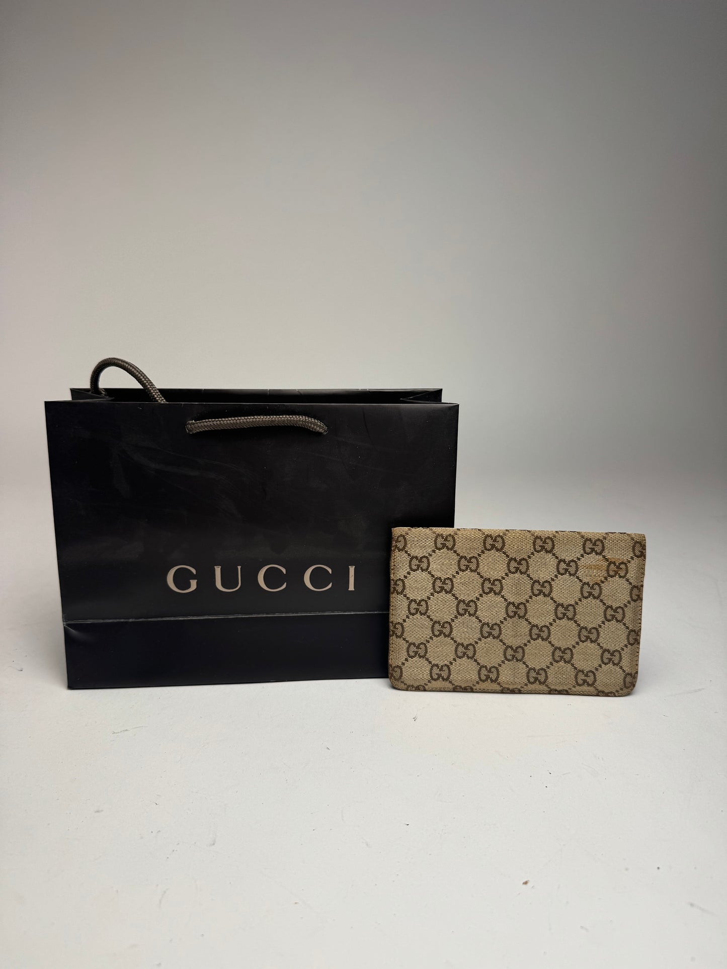 Vintage Gucci Monogram Leather Card Holder Horsebit Beige