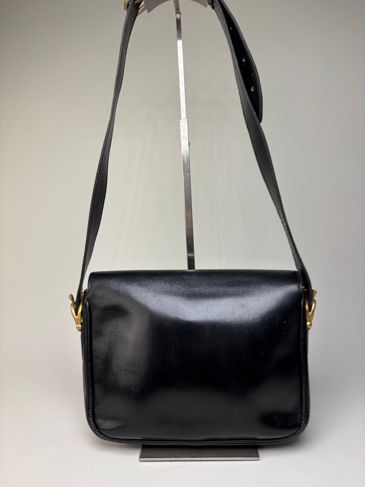Vintage Celine Leather Shoulder Bag Black Gold-tone Clasp