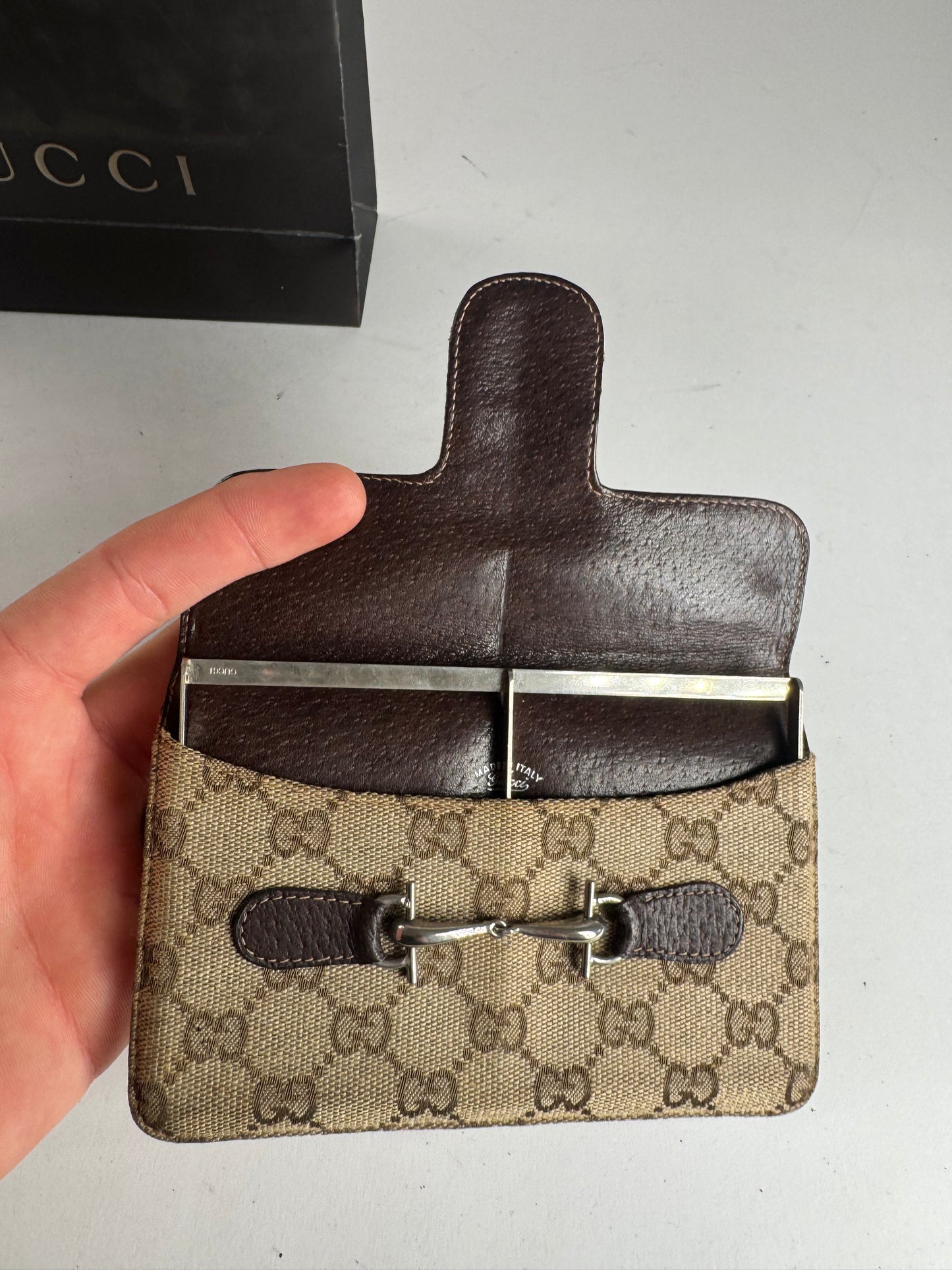 Vintage Gucci Monogram Leather Card Holder Horsebit Beige