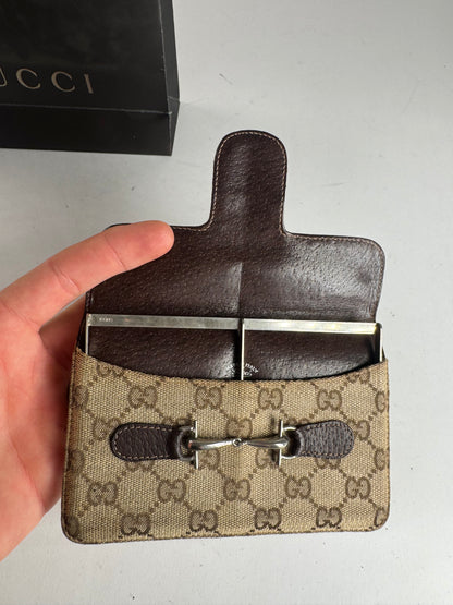 Vintage Gucci Monogram Leather Card Holder Horsebit Beige