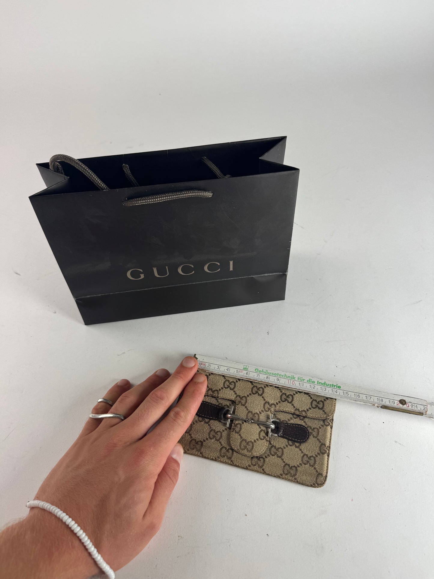 Vintage Gucci Monogram Leather Card Holder Horsebit Beige