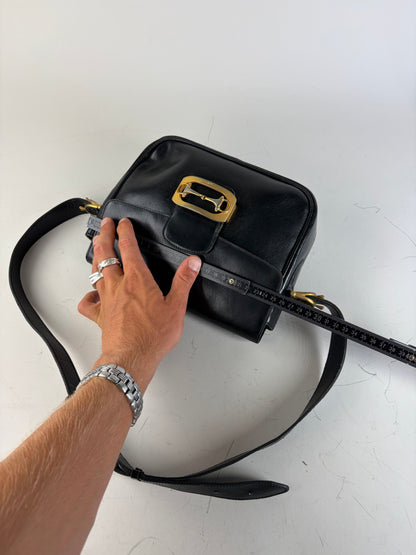 Vintage Celine Leather Shoulder Bag Black Gold-tone Clasp