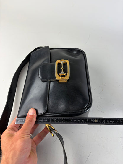 Vintage Celine Leather Shoulder Bag Black Gold-tone Clasp