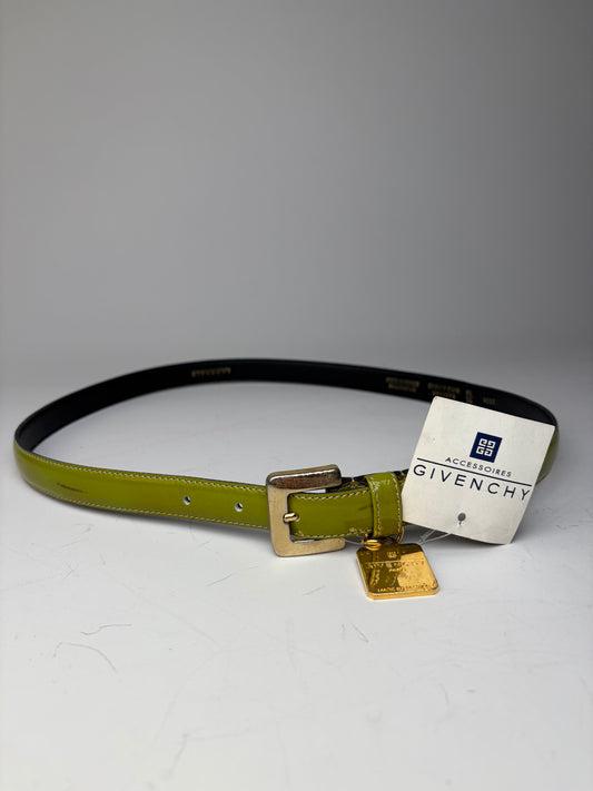 Vintage Givenchy Leather Belt Lime Green Black Gold Buckle