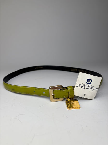 Vintage Givenchy Leather Belt Lime Green Black Gold Buckle