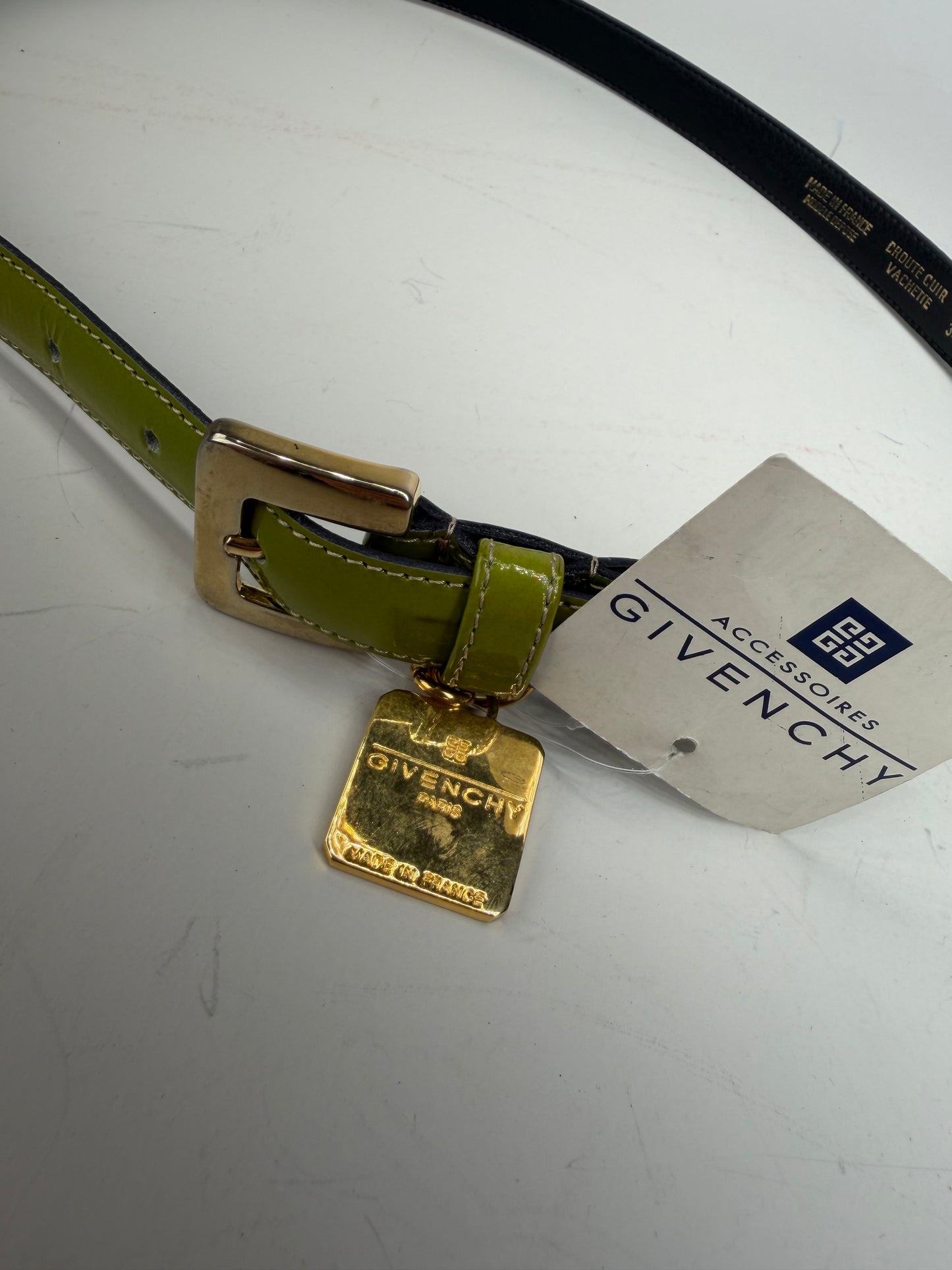 Vintage Givenchy Leather Belt Lime Green Black Gold Buckle