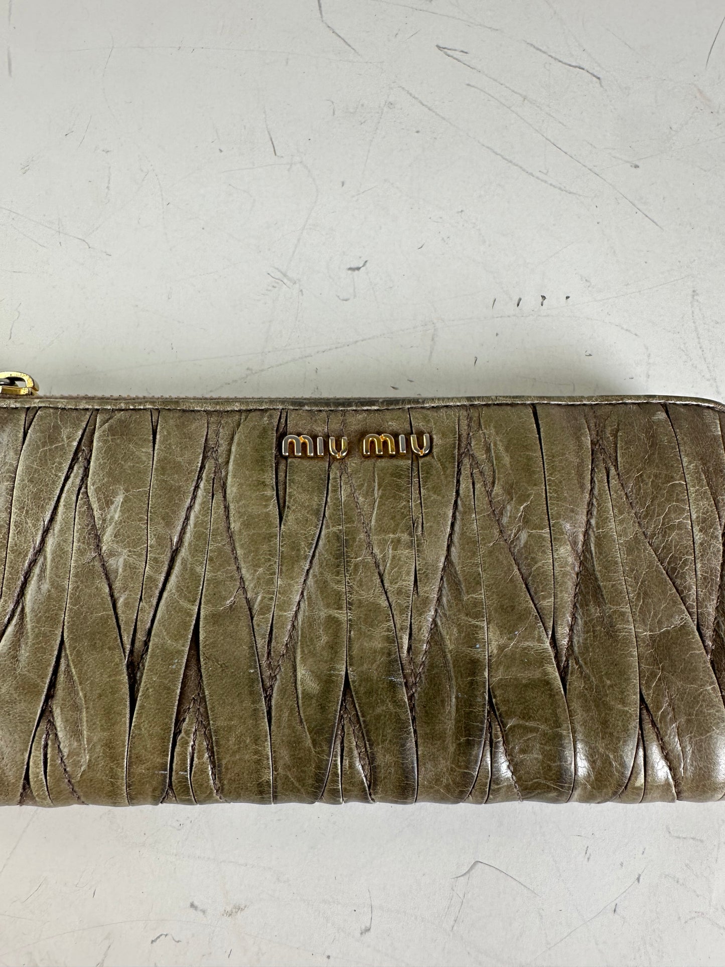 Vintage Miu Miu Leather Zip Wallet Olive Green Gold