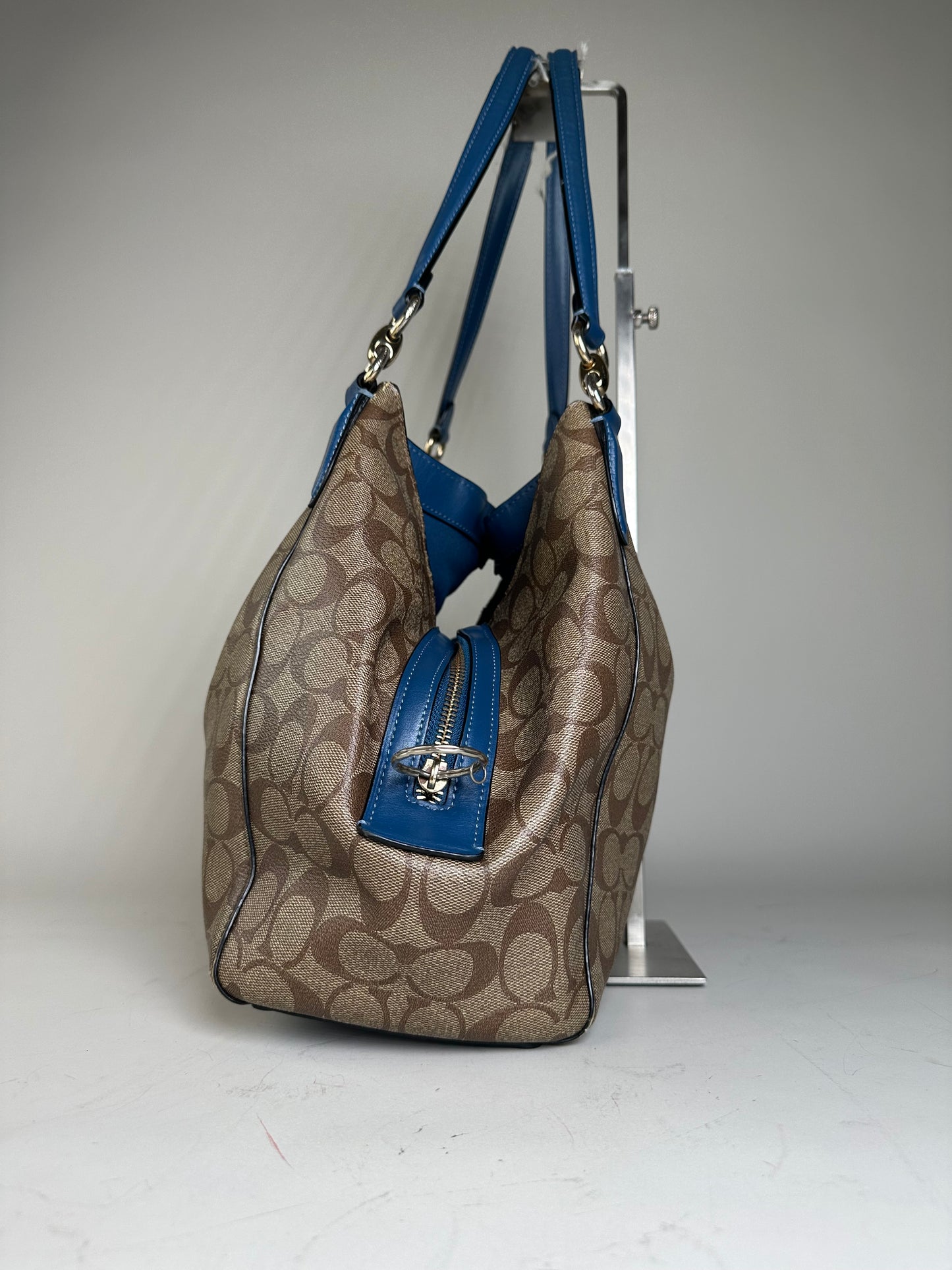 Vintage Coach Signature Canvas Tote Tan Blue Silver