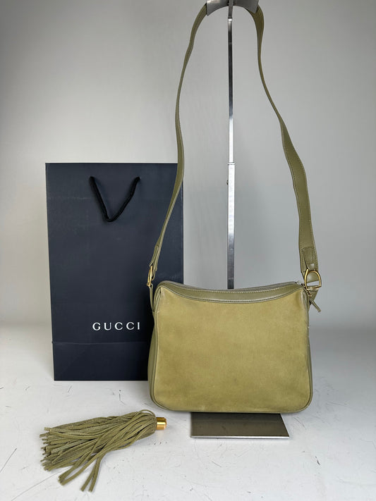 Vintage Gucci Suede Crossbody Bag Olive Green Gold