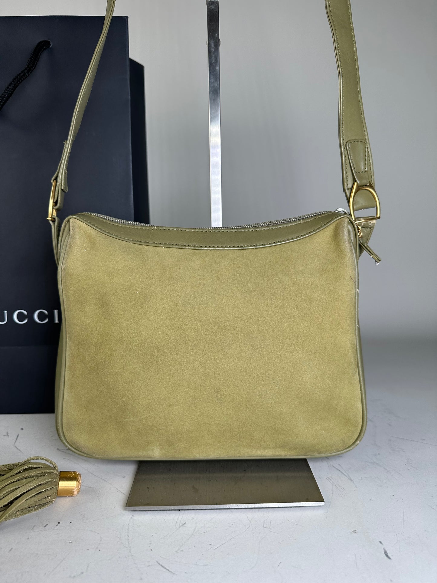 Vintage Gucci Suede Crossbody Bag Olive Green Gold