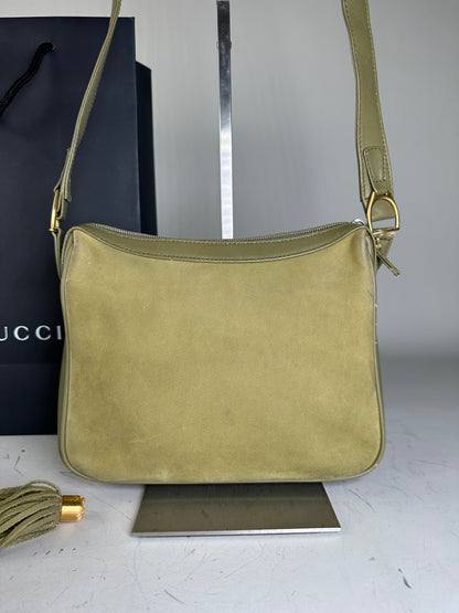 Vintage Gucci Suede Crossbody Bag Olive Green Gold