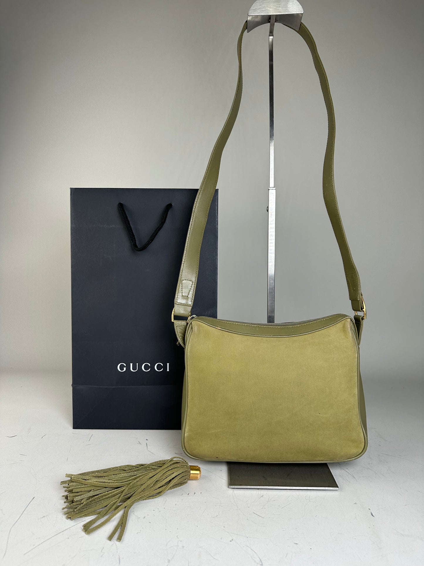 Vintage Gucci Suede Crossbody Bag Olive Green Gold