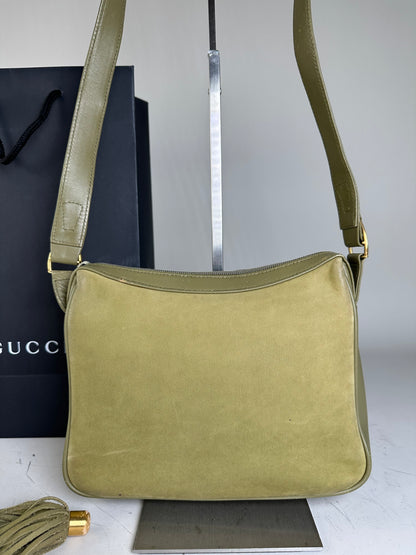 Vintage Gucci Suede Crossbody Bag Olive Green Gold