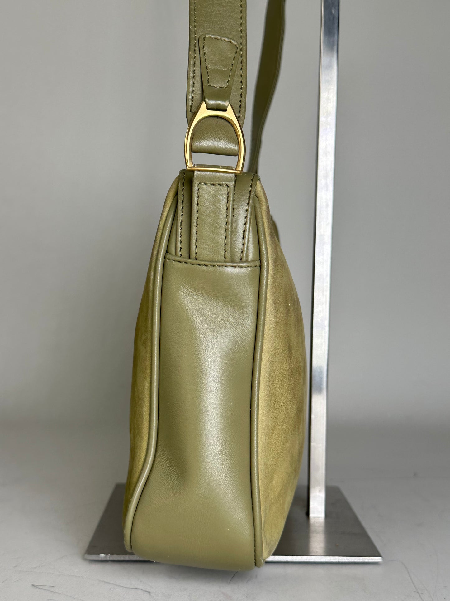 Vintage Gucci Suede Crossbody Bag Olive Green Gold