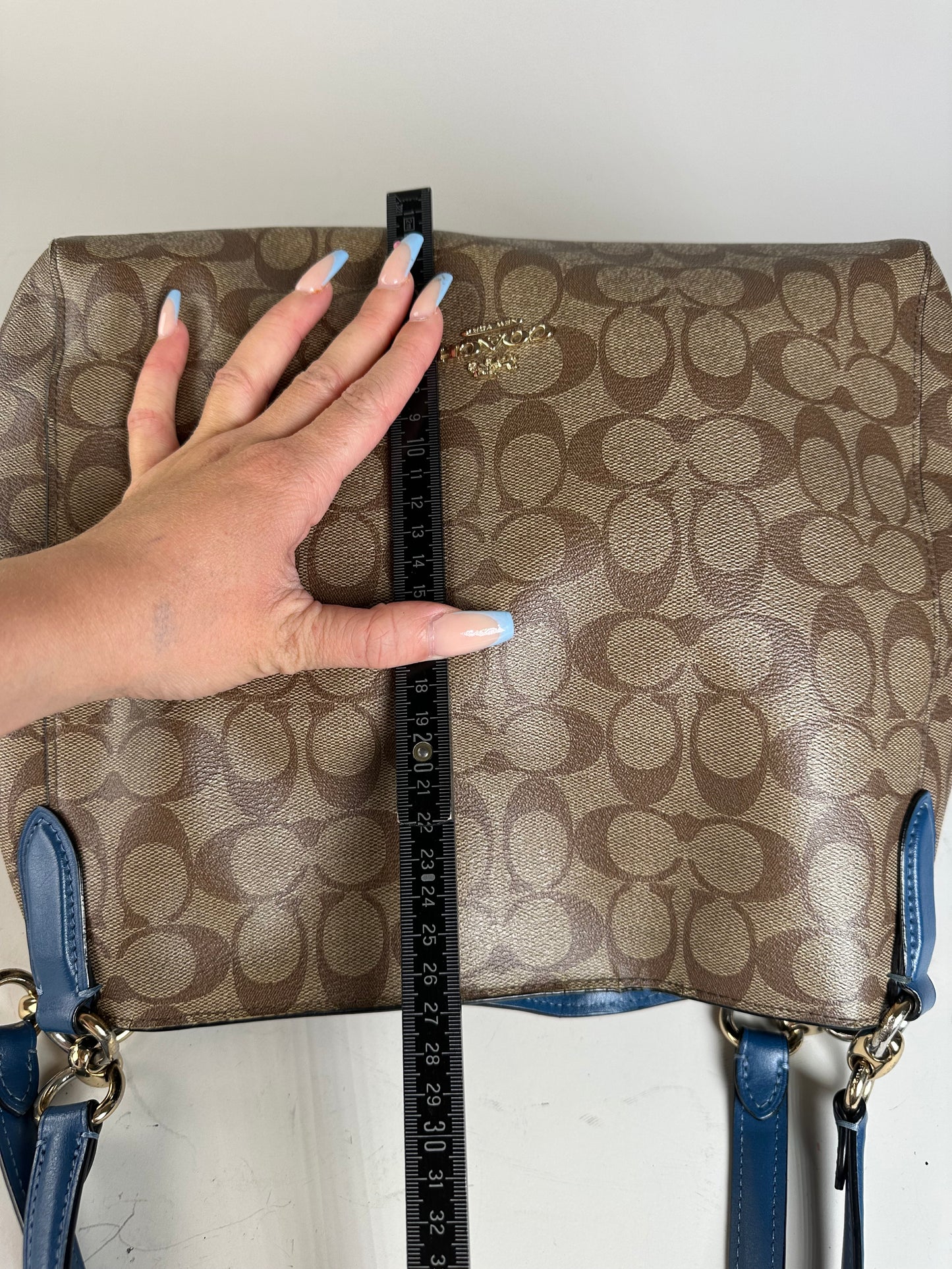 Vintage Coach Signature Canvas Tote Tan Blue Silver