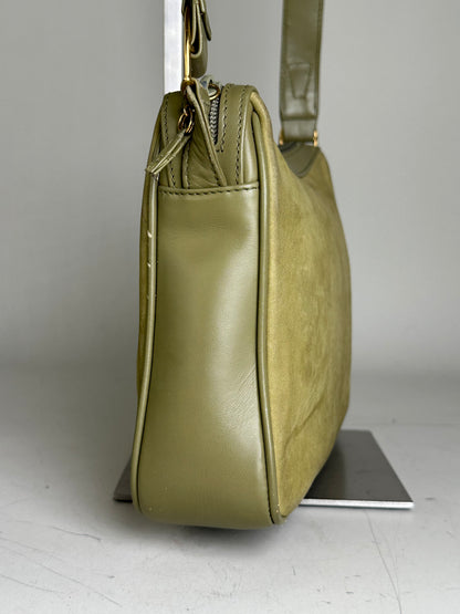 Vintage Gucci Suede Crossbody Bag Olive Green Gold
