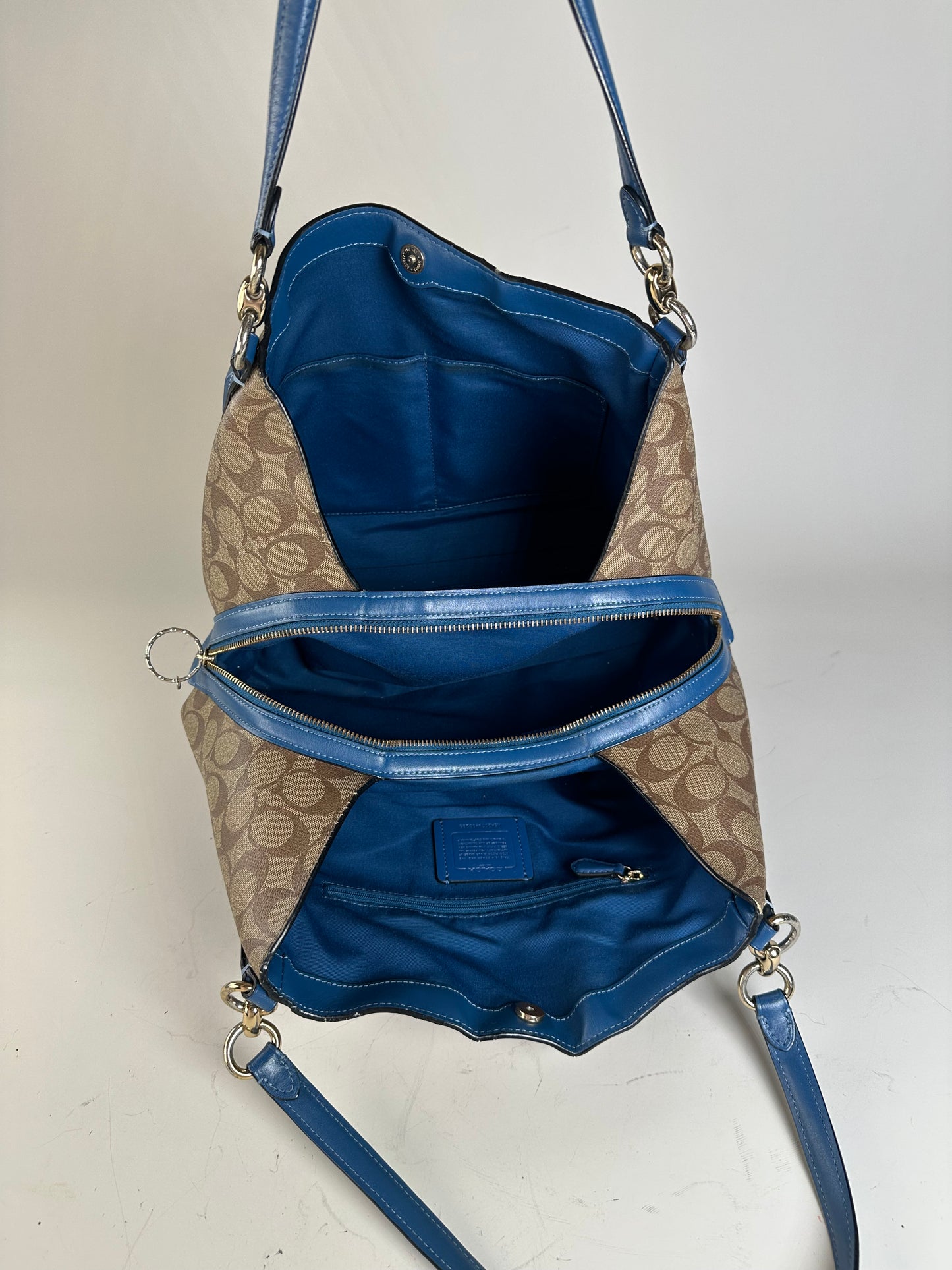 Vintage Coach Signature Canvas Tote Tan Blue Silver
