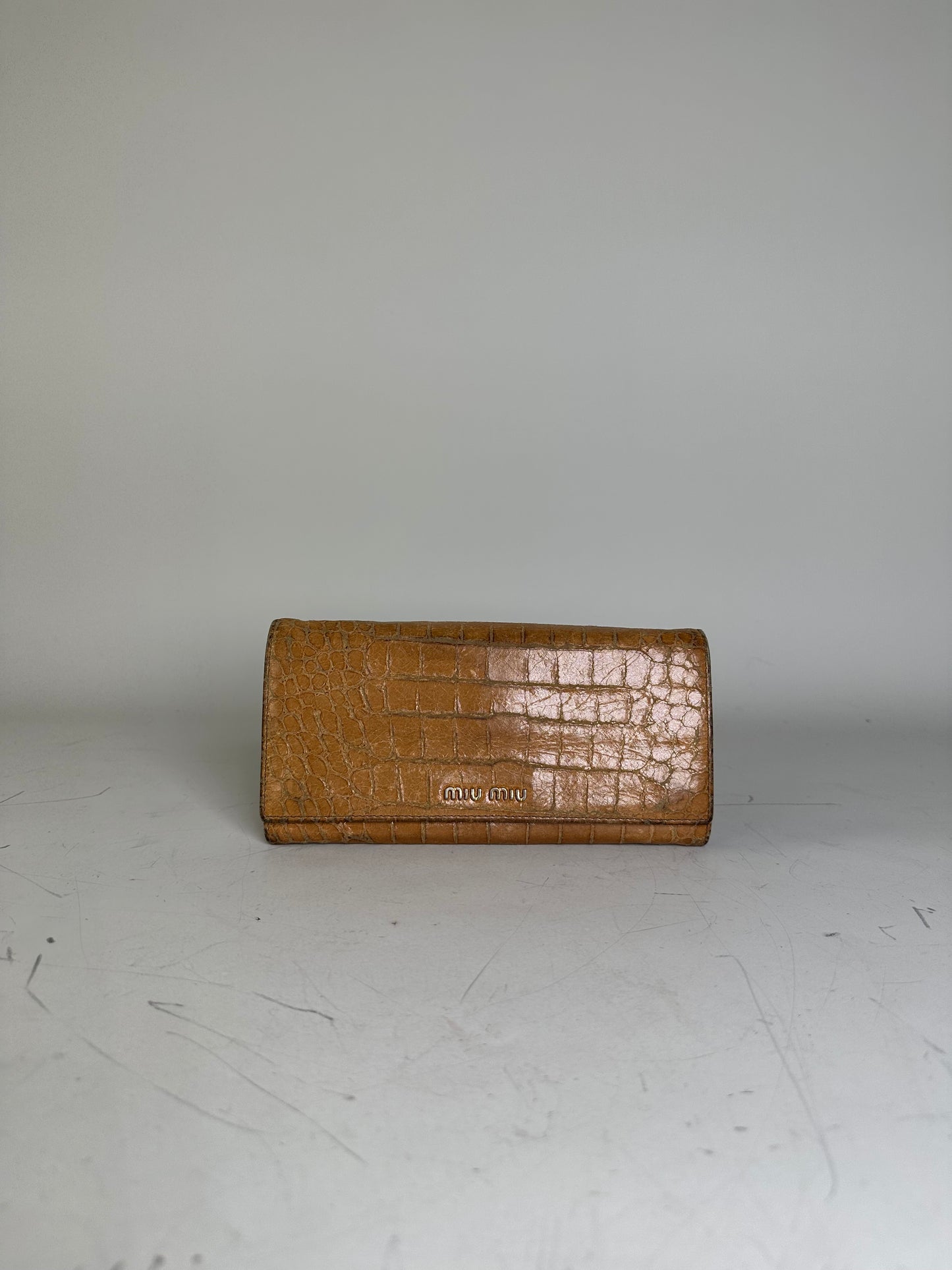 Vintage Miu Miu Crocodile-Embossed Leather Wallet Tan