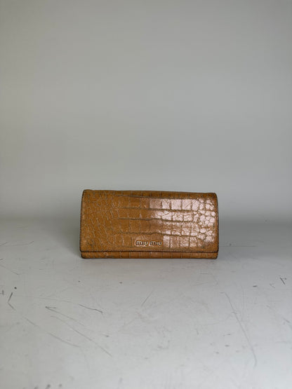 Vintage Miu Miu Crocodile-Embossed Leather Wallet Tan
