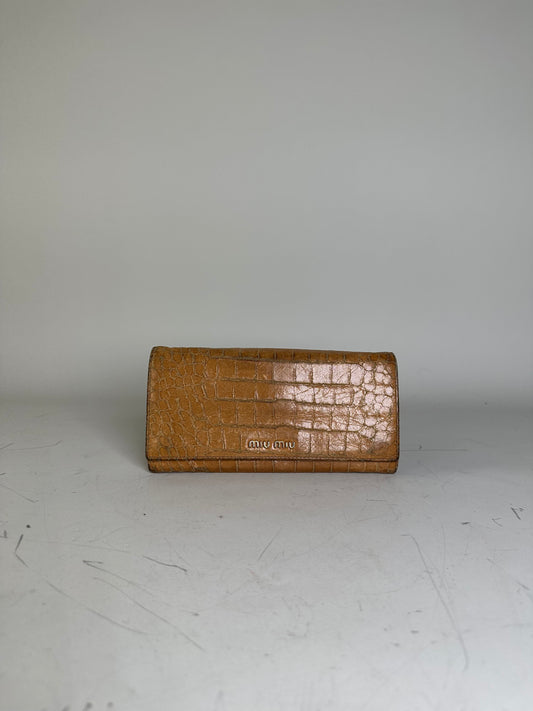 Vintage Miu Miu Crocodile-Embossed Leather Wallet Tan