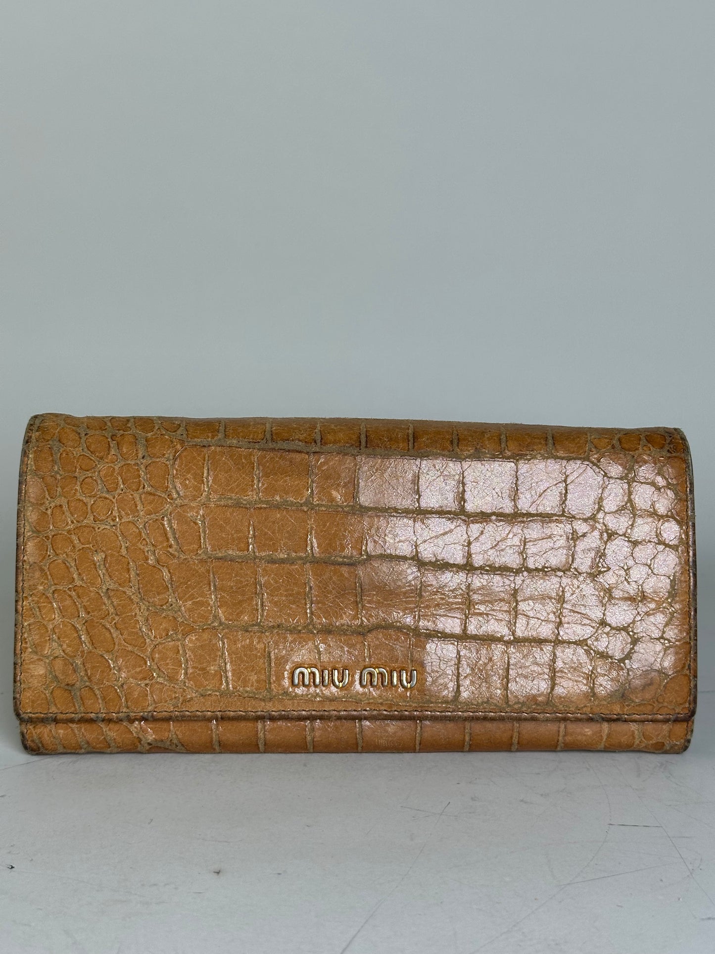 Vintage Miu Miu Crocodile-Embossed Leather Wallet Tan
