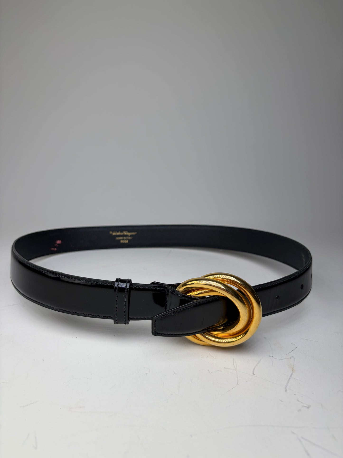 Vintage Ferragamo Patent Leather Belt Black Gold