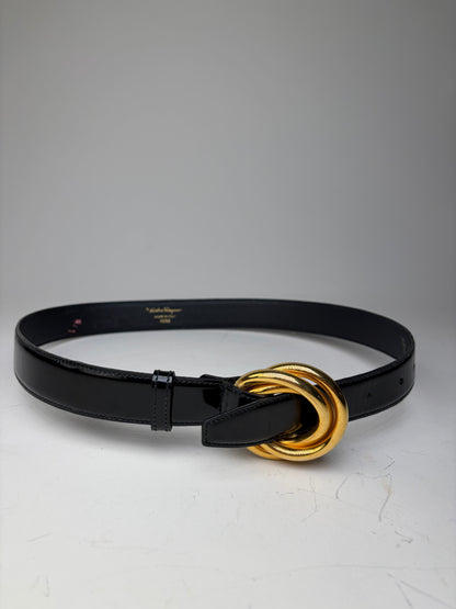 Vintage Ferragamo Patent Leather Belt Black Gold