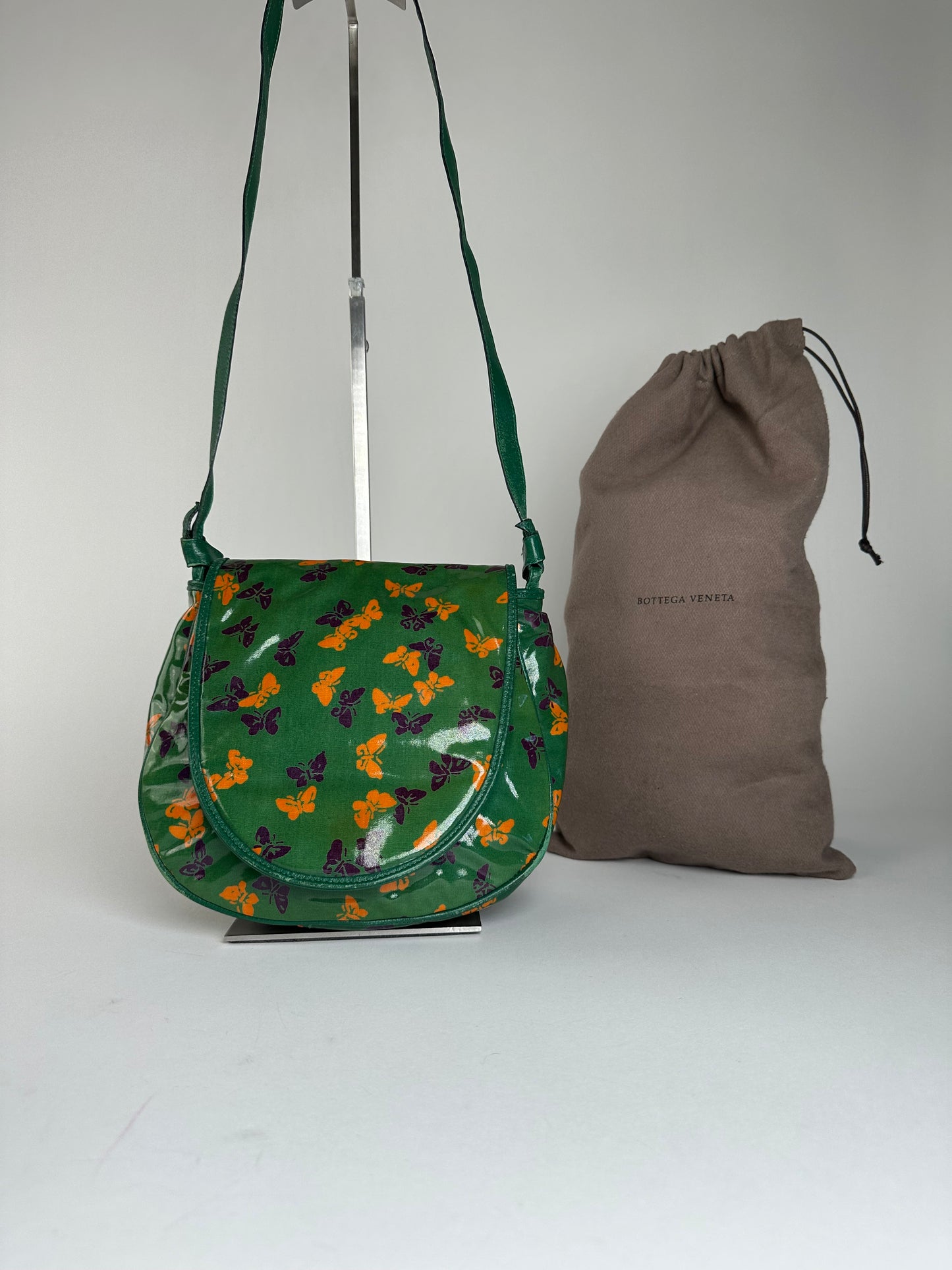 Vintage Bottega Veneta Butterfly Print Patent Shoulder Bag Green
