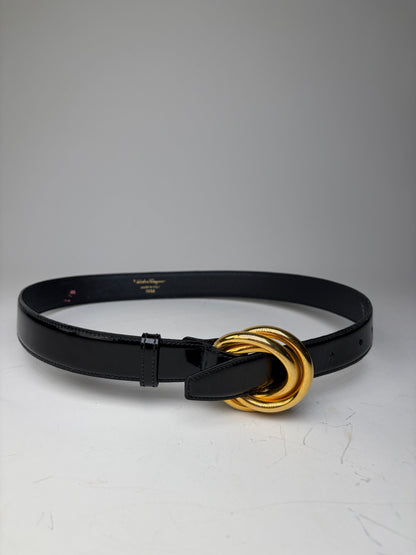 Vintage Ferragamo Patent Leather Belt Black Gold