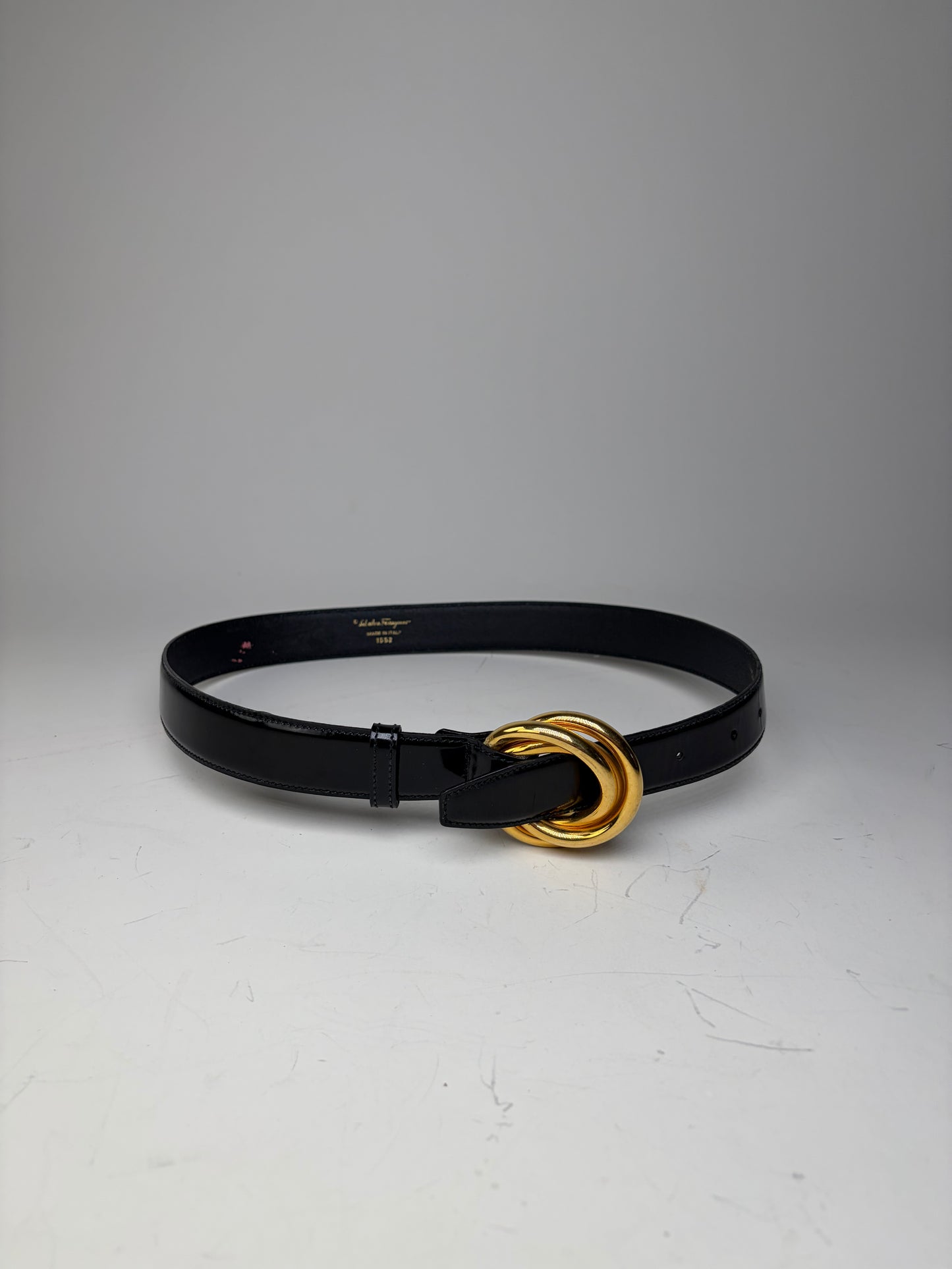 Vintage Ferragamo Patent Leather Belt Black Gold