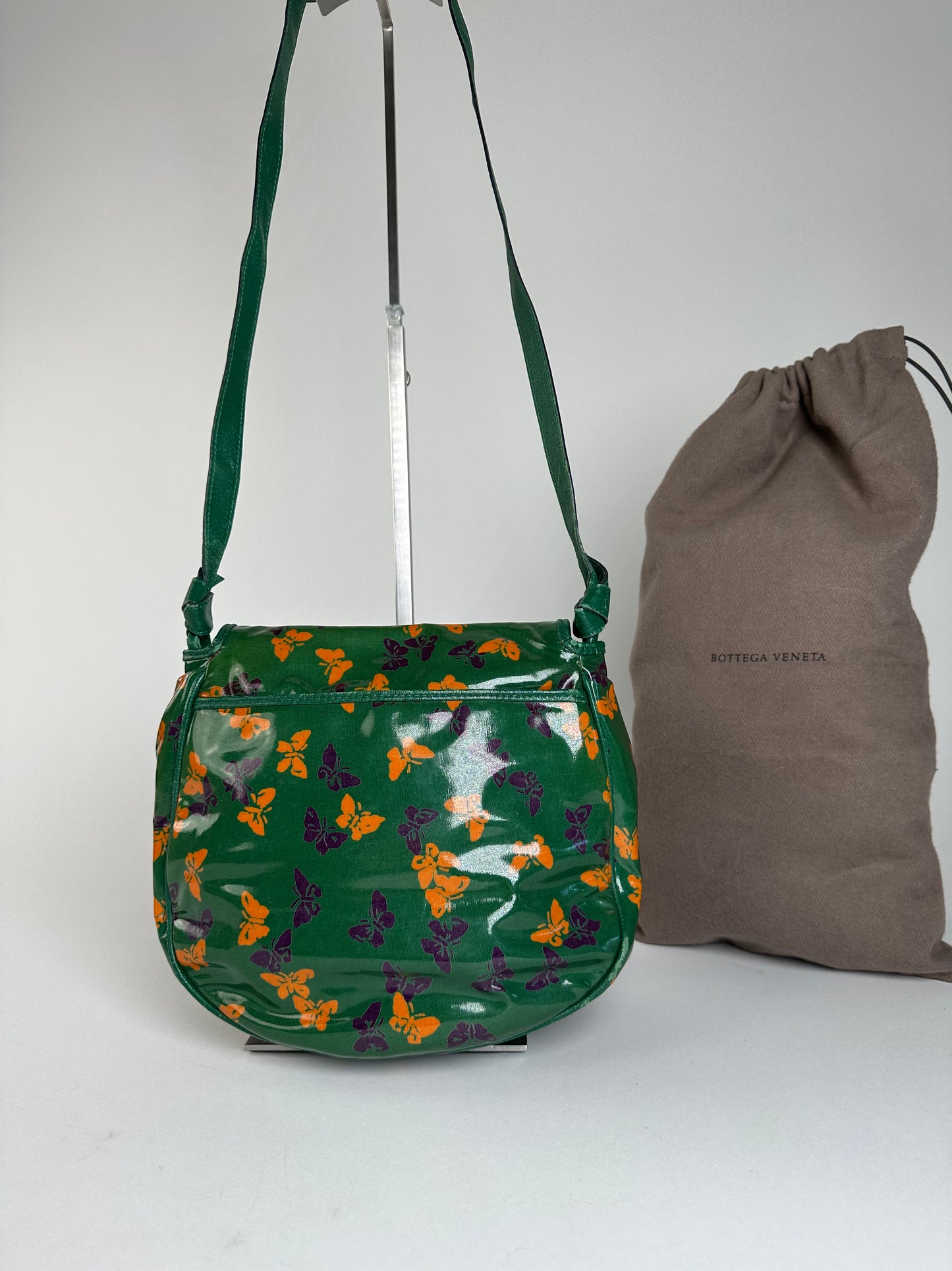 Vintage Bottega Veneta Butterfly Print Patent Shoulder Bag Green