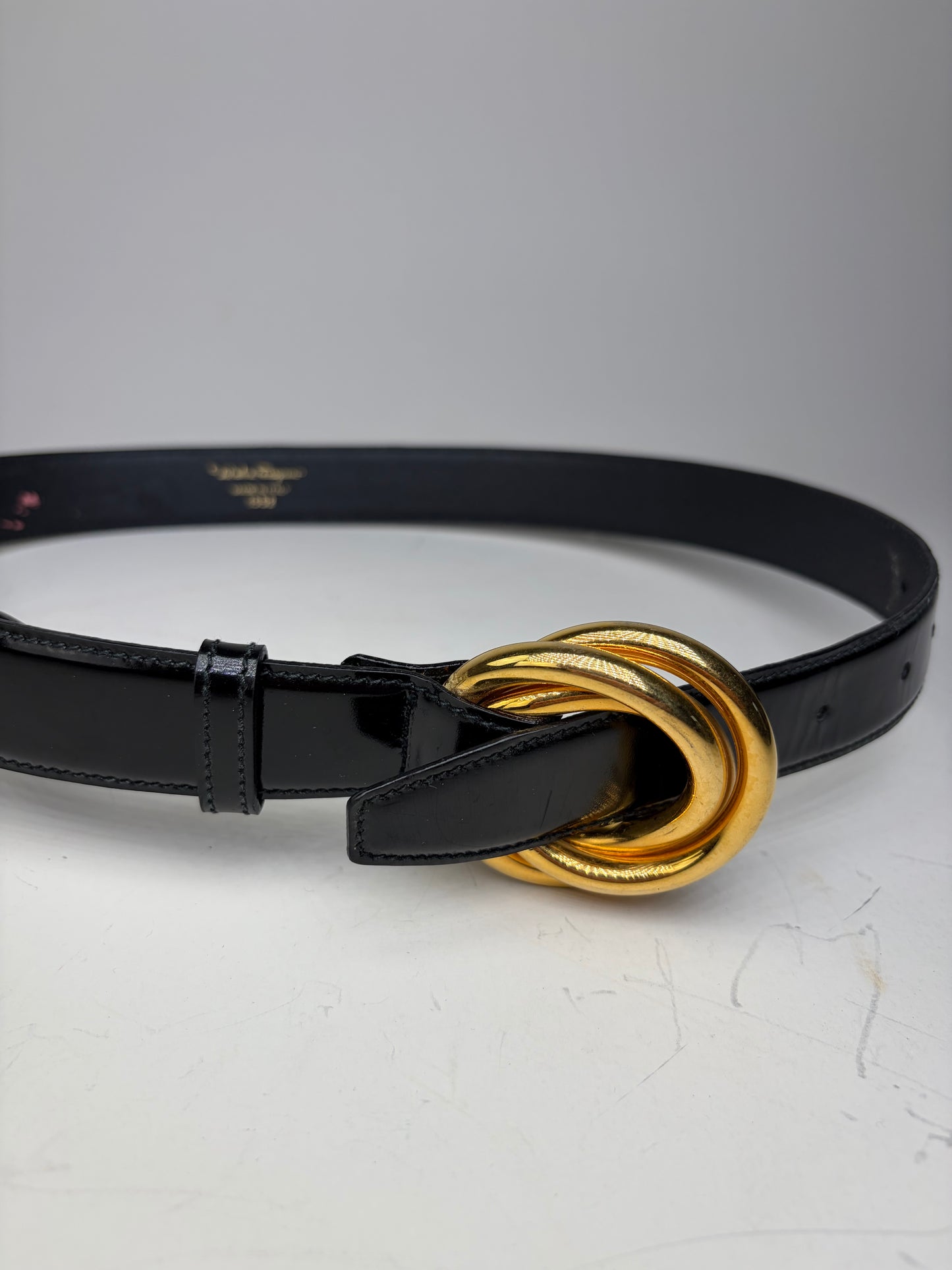 Vintage Ferragamo Patent Leather Belt Black Gold