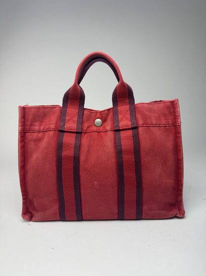 Vintage Hermes mini Canvas Tote Bag red Black