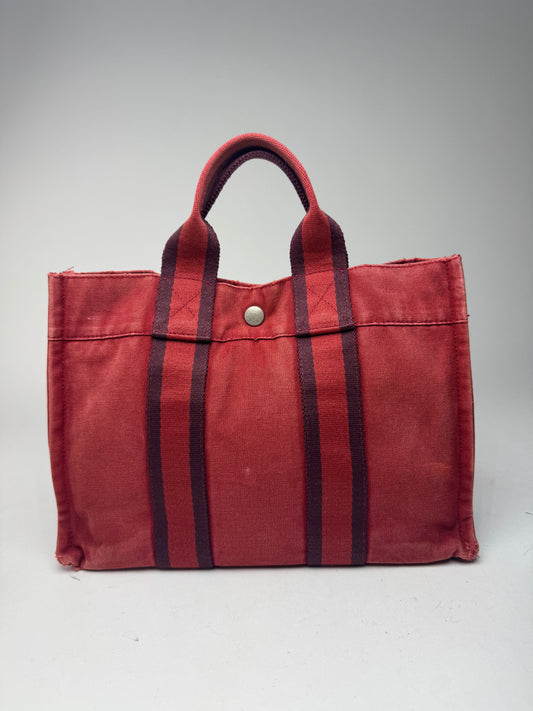 Vintage Hermes mini Canvas Tote Bag red Black