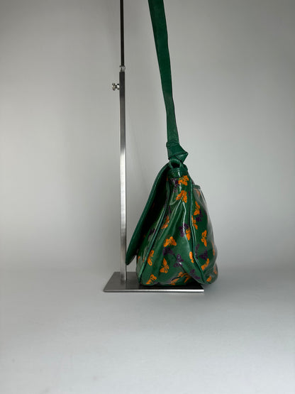 Vintage Bottega Veneta Butterfly Print Patent Shoulder Bag Green
