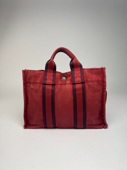 Vintage Hermes mini Canvas Tote Bag red Black