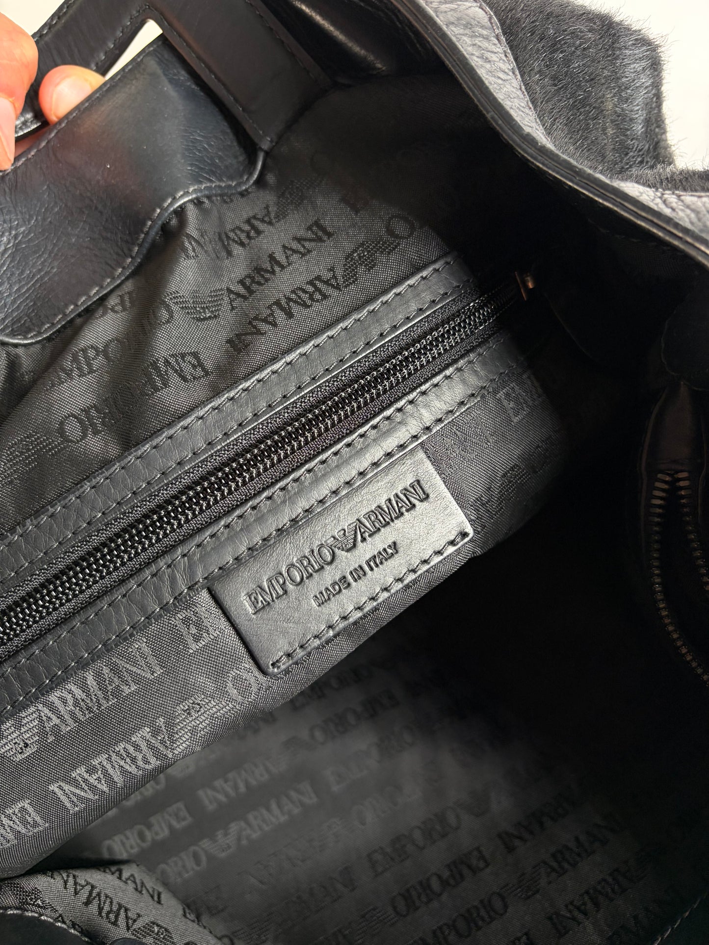 Vintage Emporio Armani Leather Fur Finish Shoulder Bag Black
