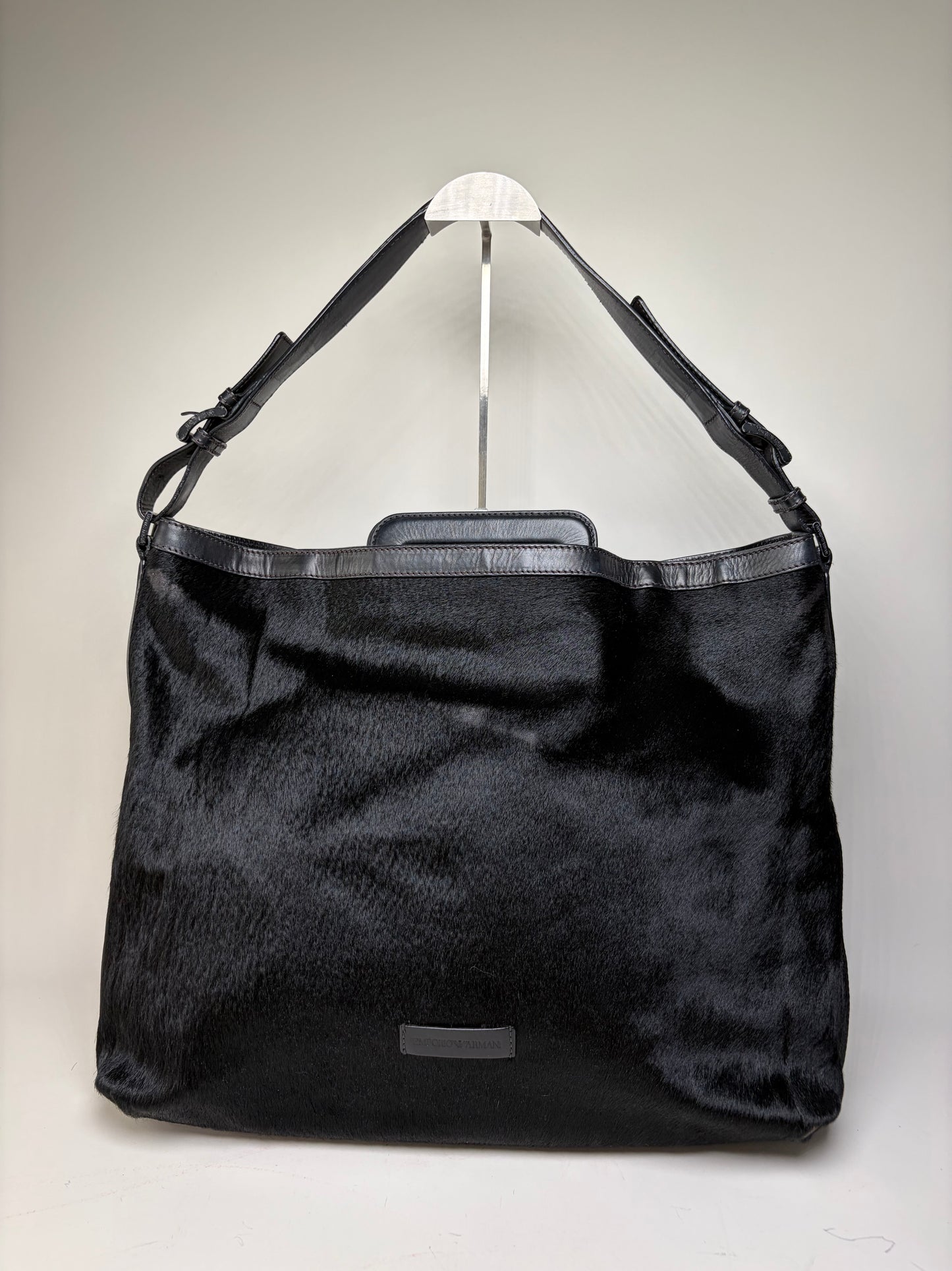 Vintage Emporio Armani Leather Fur Finish Shoulder Bag Black