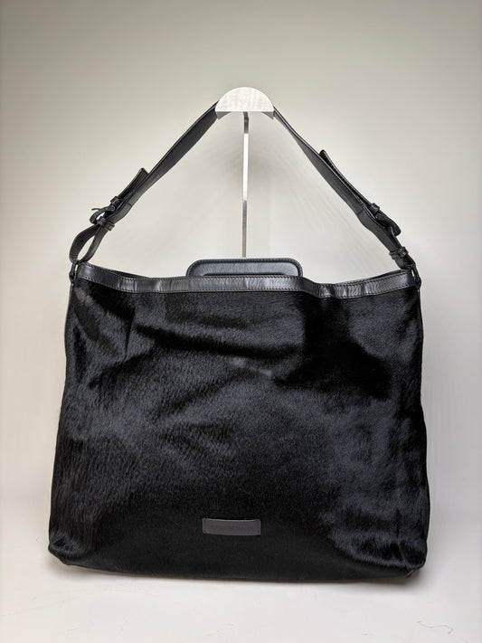 Vintage Emporio Armani Leather Fur Finish Shoulder Bag Black