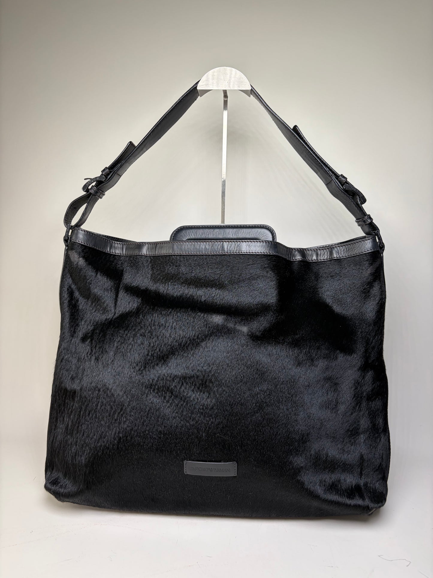 Vintage Emporio Armani Leather Fur Finish Shoulder Bag Black