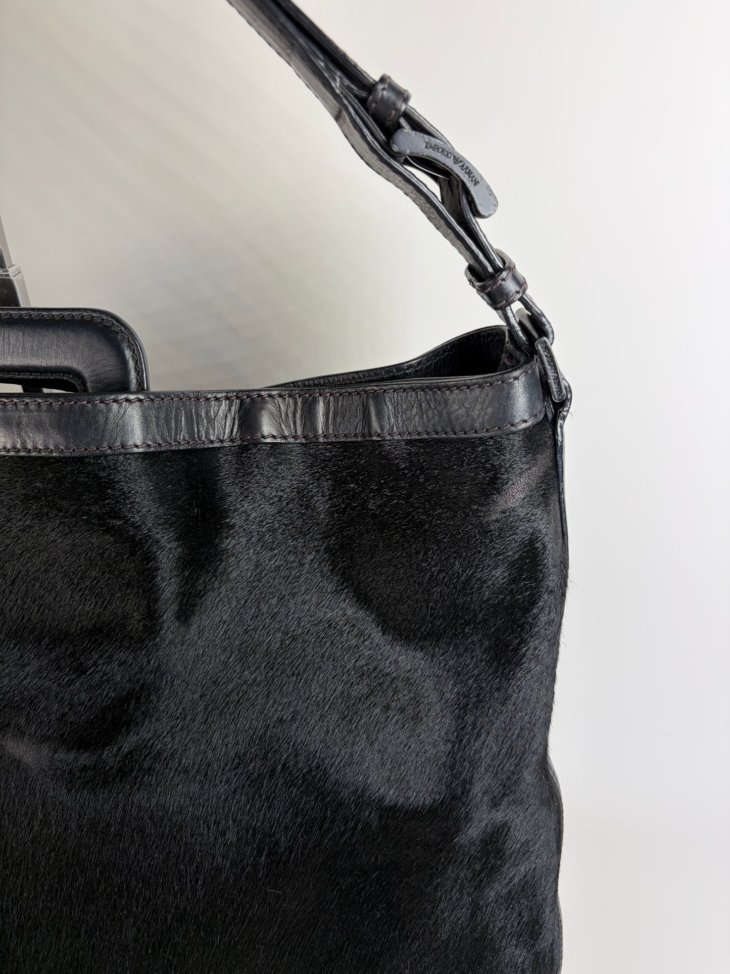 Vintage Emporio Armani Leather Fur Finish Shoulder Bag Black