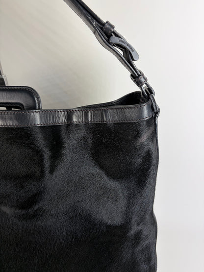 Vintage Emporio Armani Leather Fur Finish Shoulder Bag Black