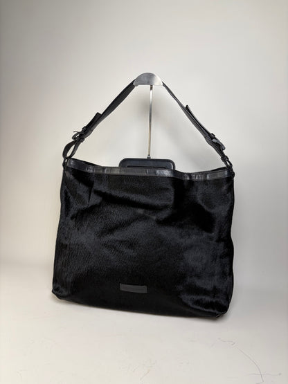 Vintage Emporio Armani Leather Fur Finish Shoulder Bag Black