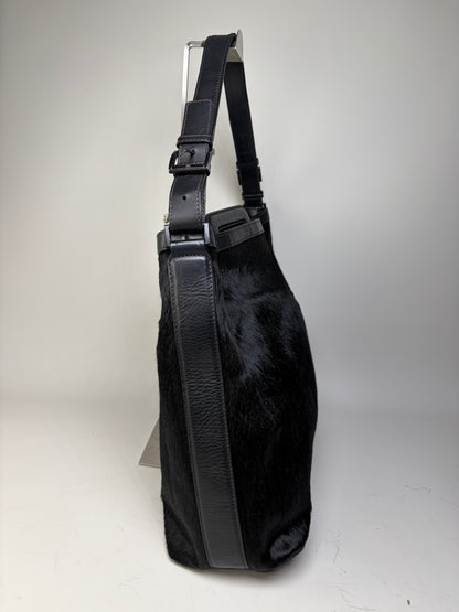 Vintage Emporio Armani Leather Fur Finish Shoulder Bag Black