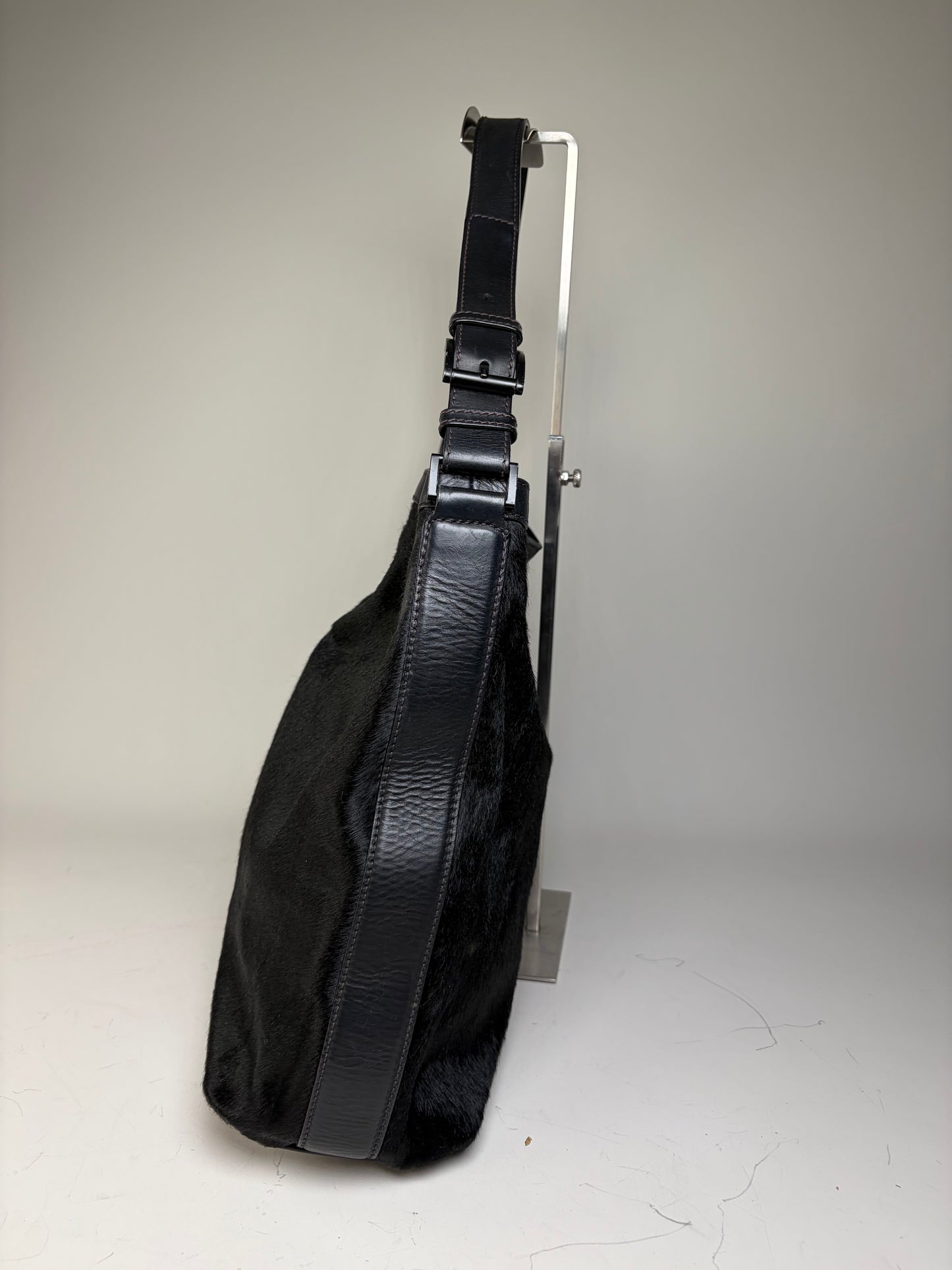 Vintage Emporio Armani Leather Fur Finish Shoulder Bag Black