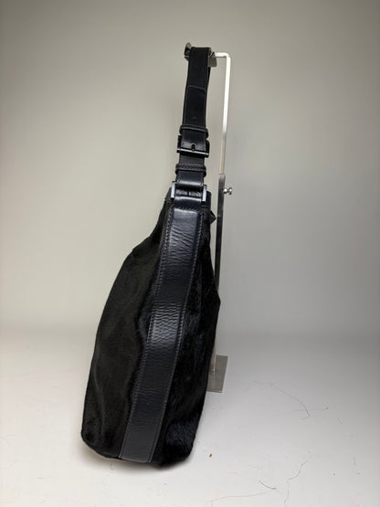 Vintage Emporio Armani Leather Fur Finish Shoulder Bag Black